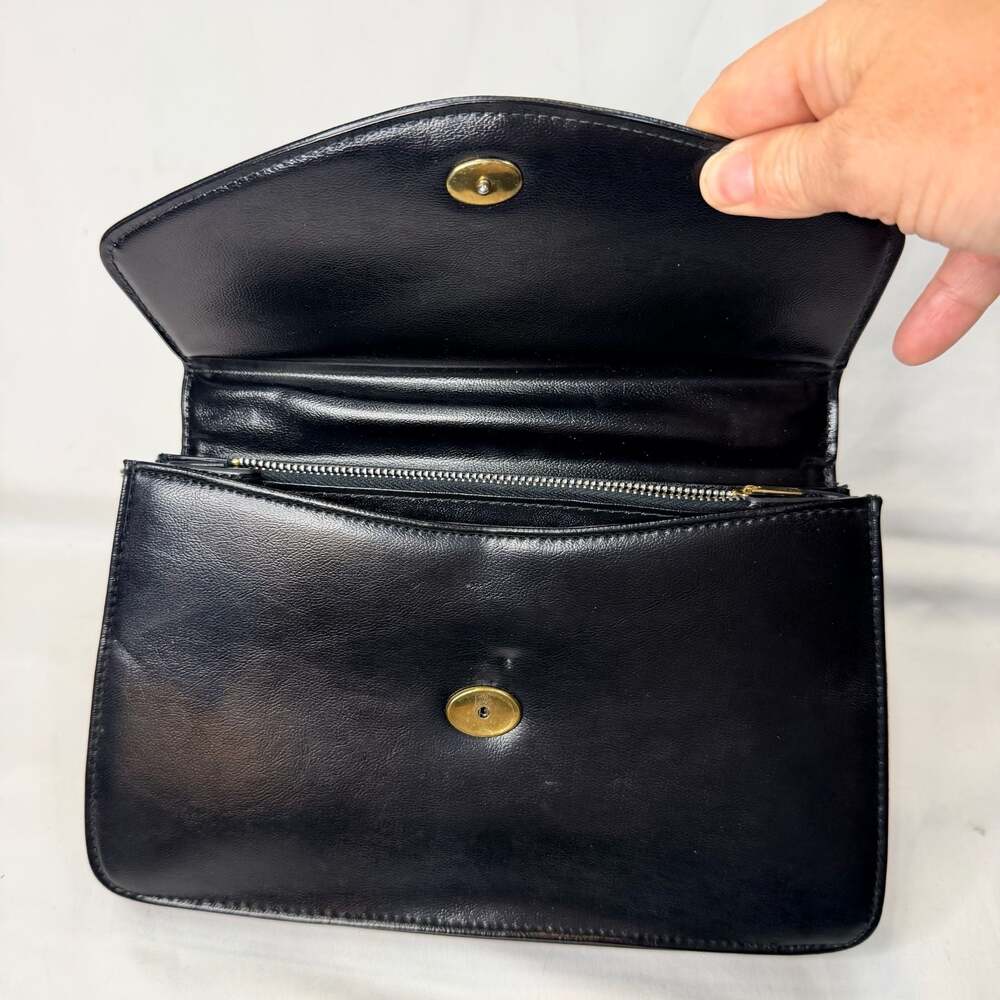 Vintage Black Leather Evening Shoulder Bag with Gold Tone Rope Detail Clasp - Picture 7 of 10